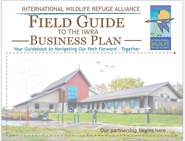 The image contains a ground level view of the Detroit River IWR visitor center in the lower two-thirds. Above the building is the document title, "International Wildlife Refuge Alliance Field Guide to the IWRA Business Plan. Your Guidebook to Navigating Our Path Forward - Together". The rectangular IWRA logo is in the top right corner. In the lower right corner is the legend, "Our partnership begins here."